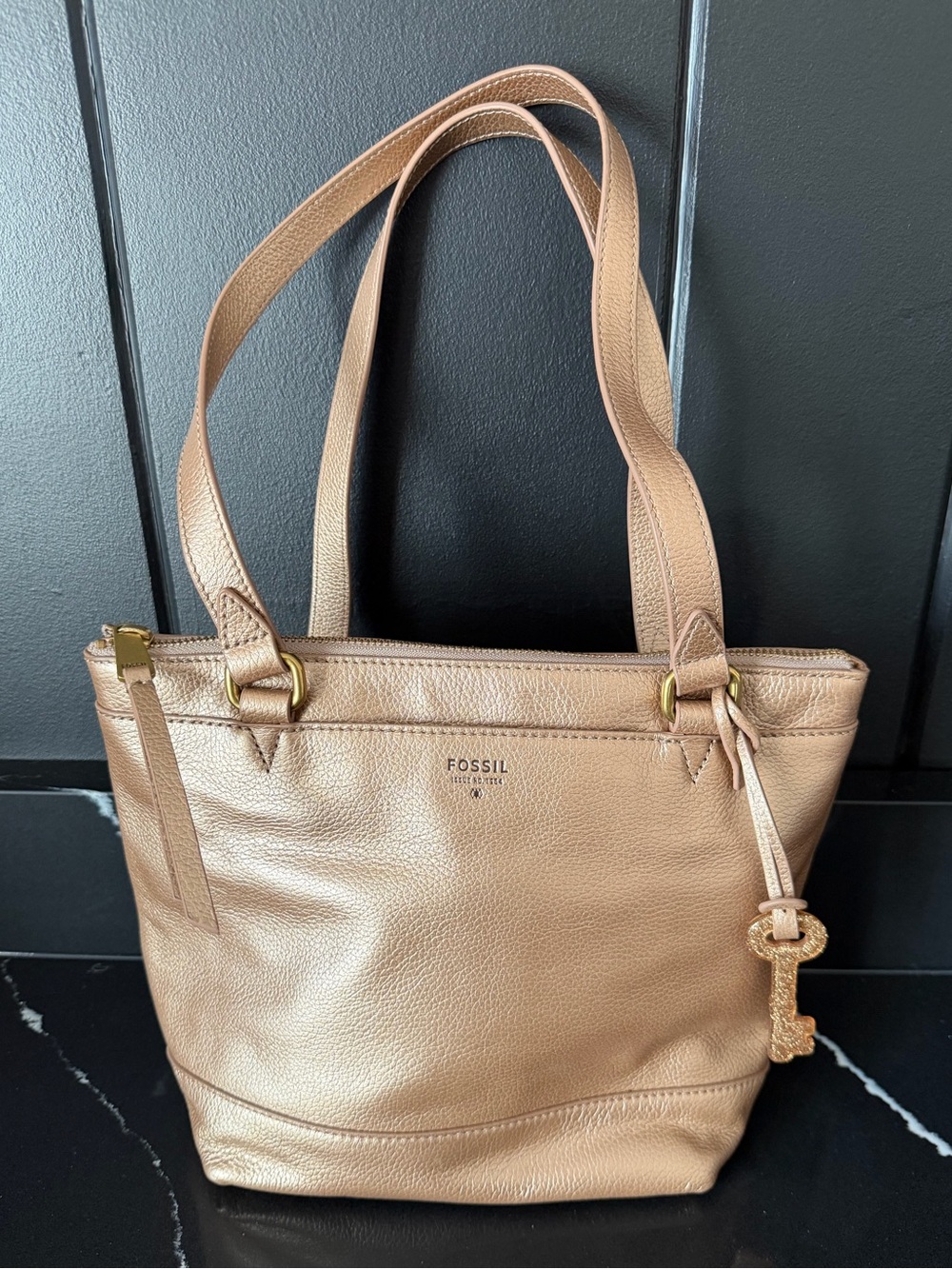 Fossil Pale Rose Metallic Leather Shopper Tote